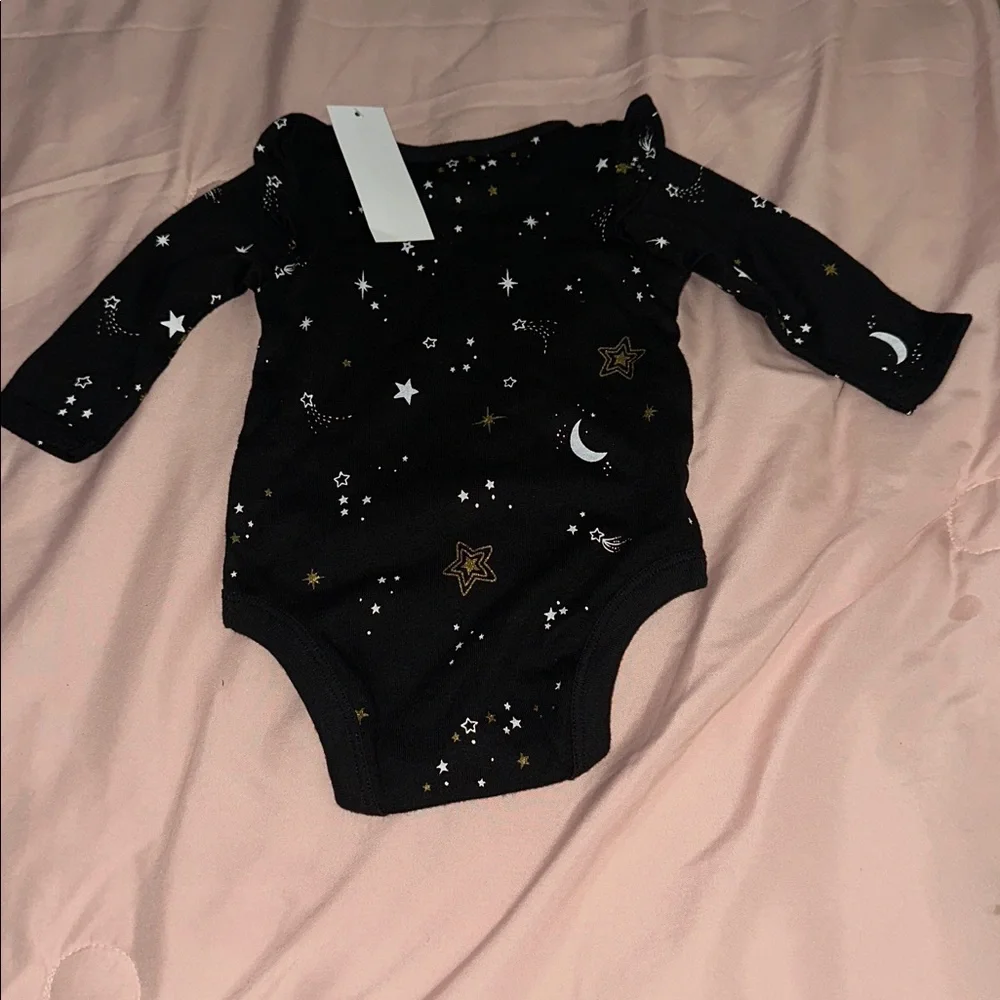 Long-Sleeve Black Star & Moon Baby One-Piece